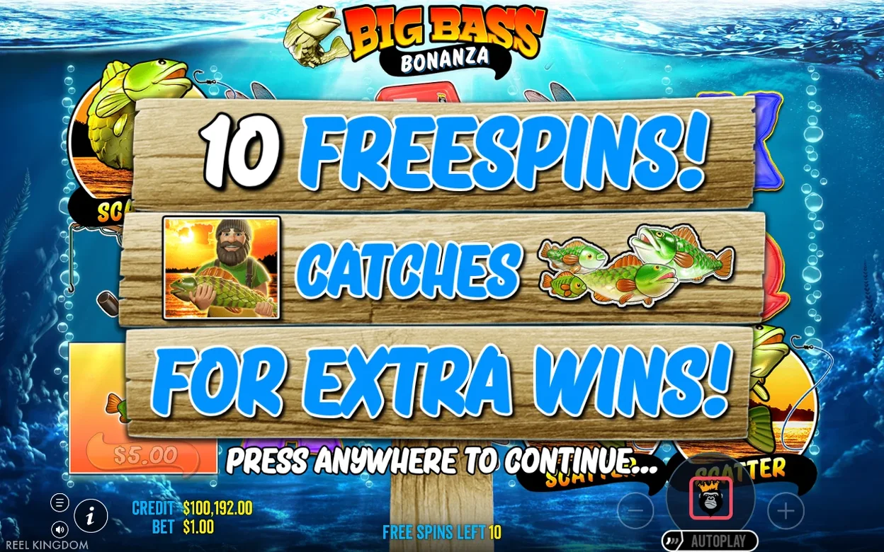 Úvodní obrazovka bonusu: dřevěné tabule hlásí 10 free spins, rybář drží úlovek, free spins left 10.