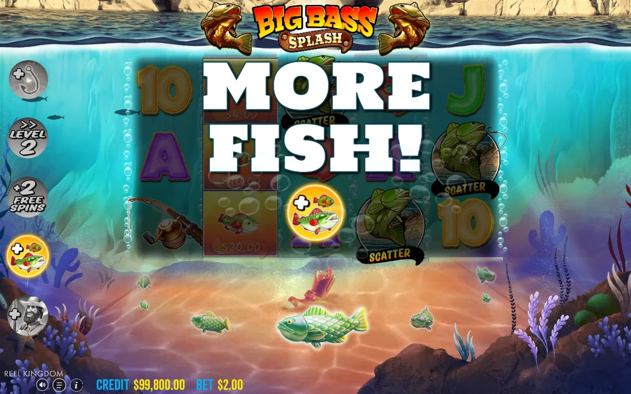 Velký nápis MORE FISH! na válcích oznamuje aktivní modifikátor, vlevo jsou ikony dalších bonusů.