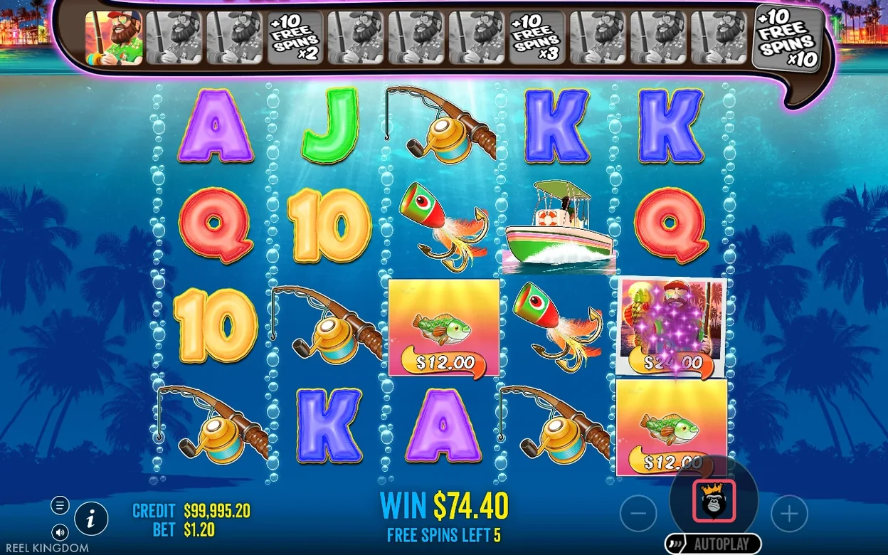 Free spiny ukazují výhru $74.40, symboly MONEY $12.00 a $24.00, zbývá 5 kol, sbíraný wild v rohu.