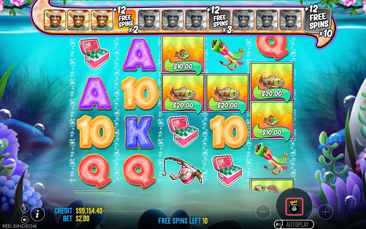 Free spiny ve hře: horní lišta ukazuje +12 FREE SPINS x2, x3, x10, rybky s hodnotami 10 $ a 20 $, zbývá 10 free spinů.