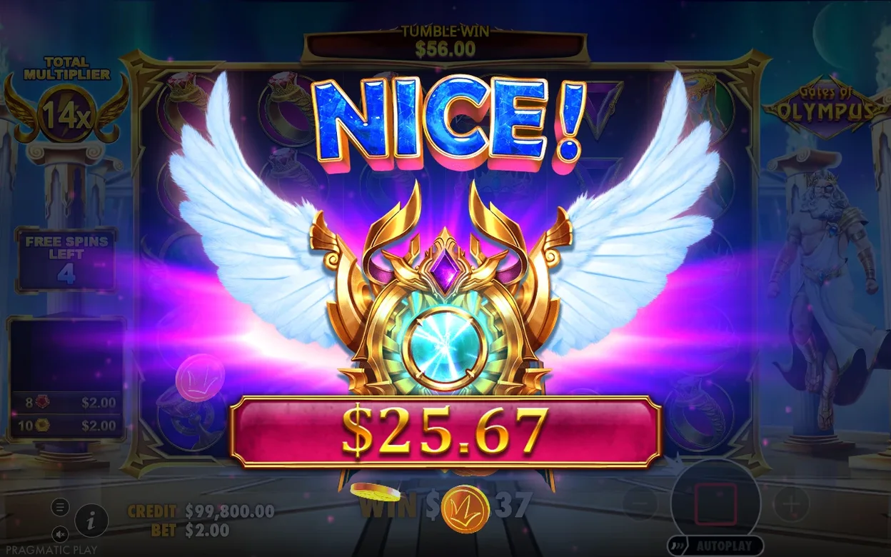 NICE! banner: výhra 25,67 $ po tumble výhře 56,00 $, celkový multiplikátor 14x, zbývají 4 free spiny.