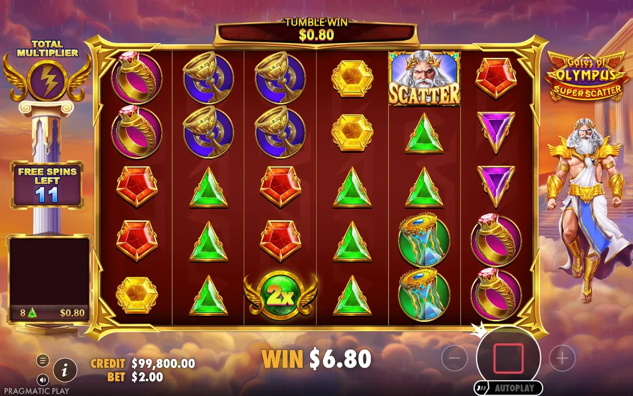 Volné otočky: banner TUMBLE WIN $0.80, symbol Scatter na mřížce, zbývá 11 free spinů, výhra $6.80, multiplikátor 2x.