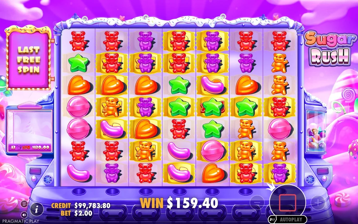 Panel LAST FREE SPIN: 12 fialových medvídků s tagem x20 přináší výhru 159,40 $ v posledním kole.