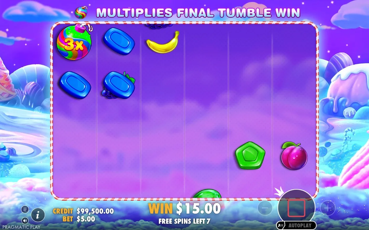 Free spiny: násobitelová bomba 3x na mřížce, banner hlásí násobení finální výhry z tumble, výhra 15,00 $, zbývá 7 spinů.