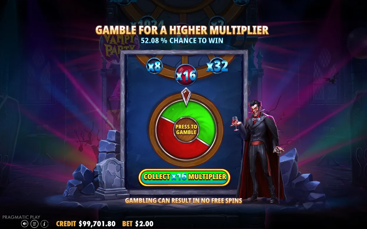 Gamblingové kolo nabízí zdvojení násobku z x16 na x32 s 52,08% šancí na výhru.